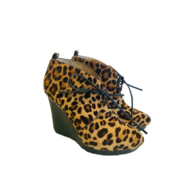 JIMMY CHOO Brown Leopard Calf Hair Baxter Wedge Lace Up Ankle Booties Size 34.5 - Picture 3 of 9